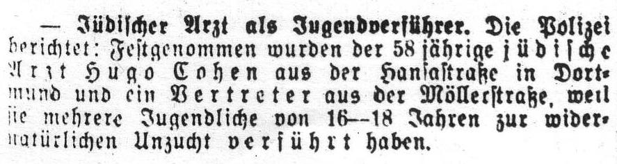 Pneumotomie, sie wird 1903 bei Hch. Epstein in Freiburg veröffentlicht. Er zahlt 300 Mark Promotionsgebühren. 2 1906 lässt sich Dr. med. Hugo Cohen als Arzt in Dortmund nieder.