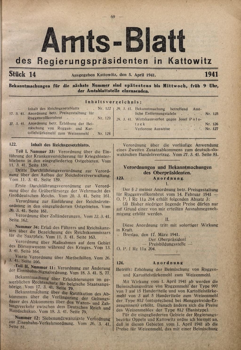 Amts-Blatt des Regierungspräsidenten in Kattowitz Stück 14 Ausgegeben Kattowitz, den 5. April 1941.