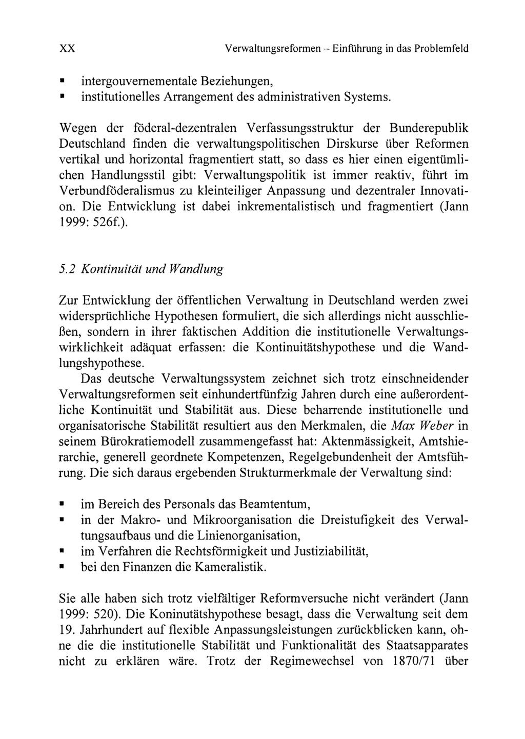 XX Verwaltungsreformen - Einfiihrung in das Problemfeld intergouvemementale Beziehungen, institutionelles Arrangement des administrativen Systems.