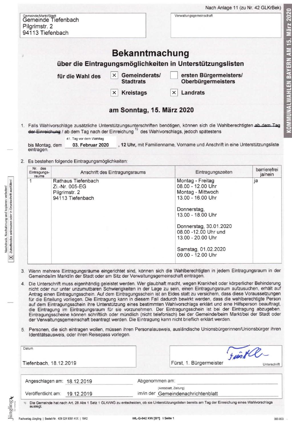 Tiefenbach - 9 - Nr. 23/2019 Allgemeiner Hinweis: Nach der Gesetzesänderung des 98 Nr.
