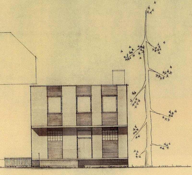 Der Anbau von 1972 Abb. 49 Nordwestansicht des Anbaus, Planung von Elke Hansen, Firma Schoof Itzehoe, 1972. Der letzlich ausgeführte Bau unterscheidet sich von dieser Planung.
