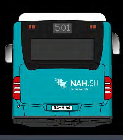 02.3 Bus-Exterieur im NAH.SH-Design: Stadtbus Busse werben durch auffällige Gestaltung für den Nahverkehr und sind eindeutig als dessen Elemente zu erkennen.