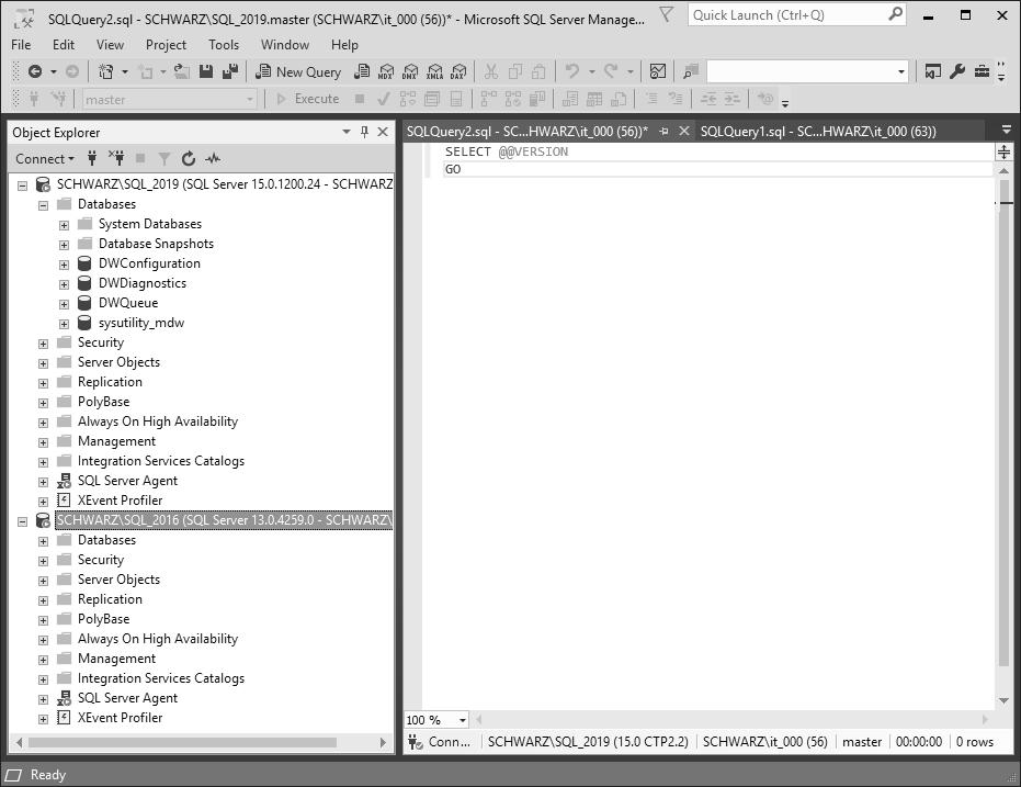 Im Objekt-Explorer wird jetzt ein weiterer Serverinstanzknoten angezeigt (siehe Abbildung 7.9). Auf diese Art und Weise können Sie auch Serverinstanzen anderer Microsoft-SQL-Server-Versionen, wie z.