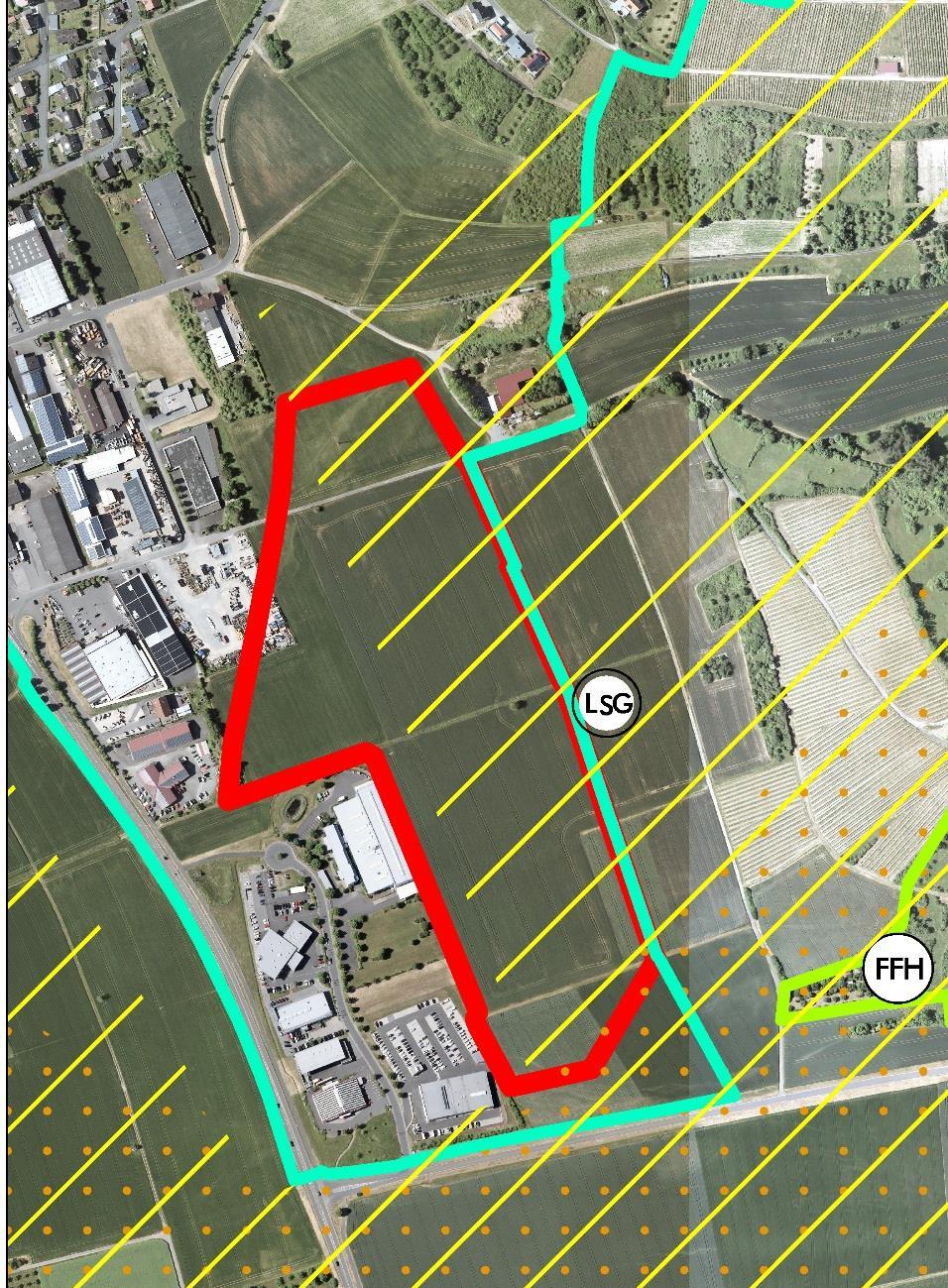 Seite 32 ERWEITERUNG DES GEWERBEGEBIETS WÖLLERSPFAD SÜD IN KÖNIGSHOFEN 12,3 HA Rote Umrandung: geplantes Gewerbegebiet Türkise Linie LSG: Landschaftsschutzgebiet Grüne Linie FFH: FFH- Gebiet Gelbe