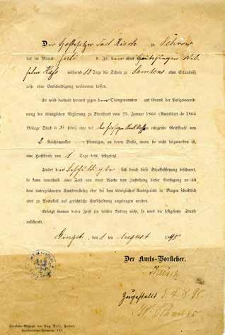 Strafgeldbescheid wegen versäumten Schulbesuchs (zwölf Tage) in Höhe von 2, Reichsmark, ersatzweise abzugelten durch einen Tag Haft, gegeben zu Gingst am 1. August 1895, durch den Amtsvorsteher.
