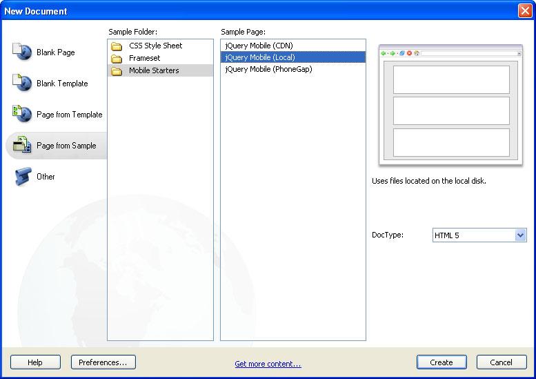 Abb. 38: Mobile jquery-vorlagen in Dreamweaver CS6 Bei der Variante CDN liegt der jquery-code auf einem Server, sodass man stets auf die aktuelle Version zugreift.