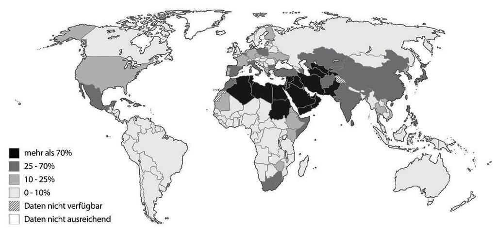 10 von 36 I.B.5 Meeres- und Gewässerkunde/Wasser Beitrag 10 Die globale Wasserkrise M 2a Die Welt im Wasserstress Welche Regionen weltweit leiden unter Wasserstress? 1. Die Weltkarte zeigt den Anteil des Wasserverbrauchs in jedem Land im Vergleich zur Gesamtmenge an Wasser, das nachkommt, in Prozent.