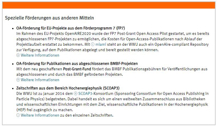 Weitere geldwerte Vorteile Spezielle Open-Access-Förderungen aus anderen Mitteln Förderung für bereits abgeschlossene EU-Projekte aus dem Förderprogramm 7 (FP7) Förderung für Publikationen aus
