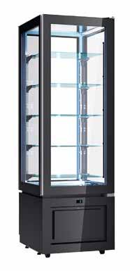 Panorama-Kühlvitrine Serie LUXOR steckerfertig, Umluftkühlung, mit 5 Glasetagen steckerfertige Panorama-Kühlvitrine mit Umluftkühlung und 4-seitigem Glaseinblick außen Edelstahl mit