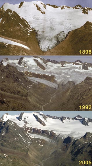 Vernagtferner-Gletscher 1898, 1992 und 2005 gesgang in der Wasserführung des Gletscherbachs. Dabei ist es wichtig, wie das Nährgebiet beschaffen ist.