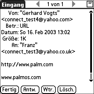 Kapitel 13 Verwenden der persönlichen E-Mail-Software Palm VersaMail Mit URLs arbeiten Sie können in einer empfangenen Nachricht auf eine URL tippen, um die entsprechende Webseite oder Datei