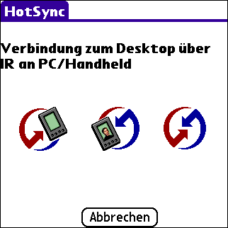 So führen Sie einen Infrarot-HotSync-Vorgang mit dem Handheld durch: 1. Tippen Sie auf das Anwendungssymbol. 2. Wählen Sie das HotSync-Symbol aus. 3. Tippen Sie auf Lokal. 4.