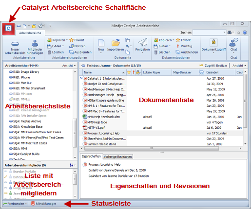 Mindjet MindManager Version 9 fur Windows Benutzerhandbuch Verwenden von Arbeitsbereichen Catalyst-Arbeitsbereichefenster Wenn Sie eine Verbindung zum Mindjet Catalyst-Dienst herstellen, greifen Sie
