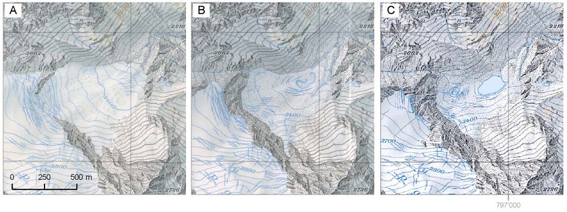 Neue Seen als Folge des Gletscherschwunds Fig. 19: Die Entstehung des Sees beim Palügletscher dokumentiert an den Kartenständen 1991(A), 1998(B) und 2003(C).
