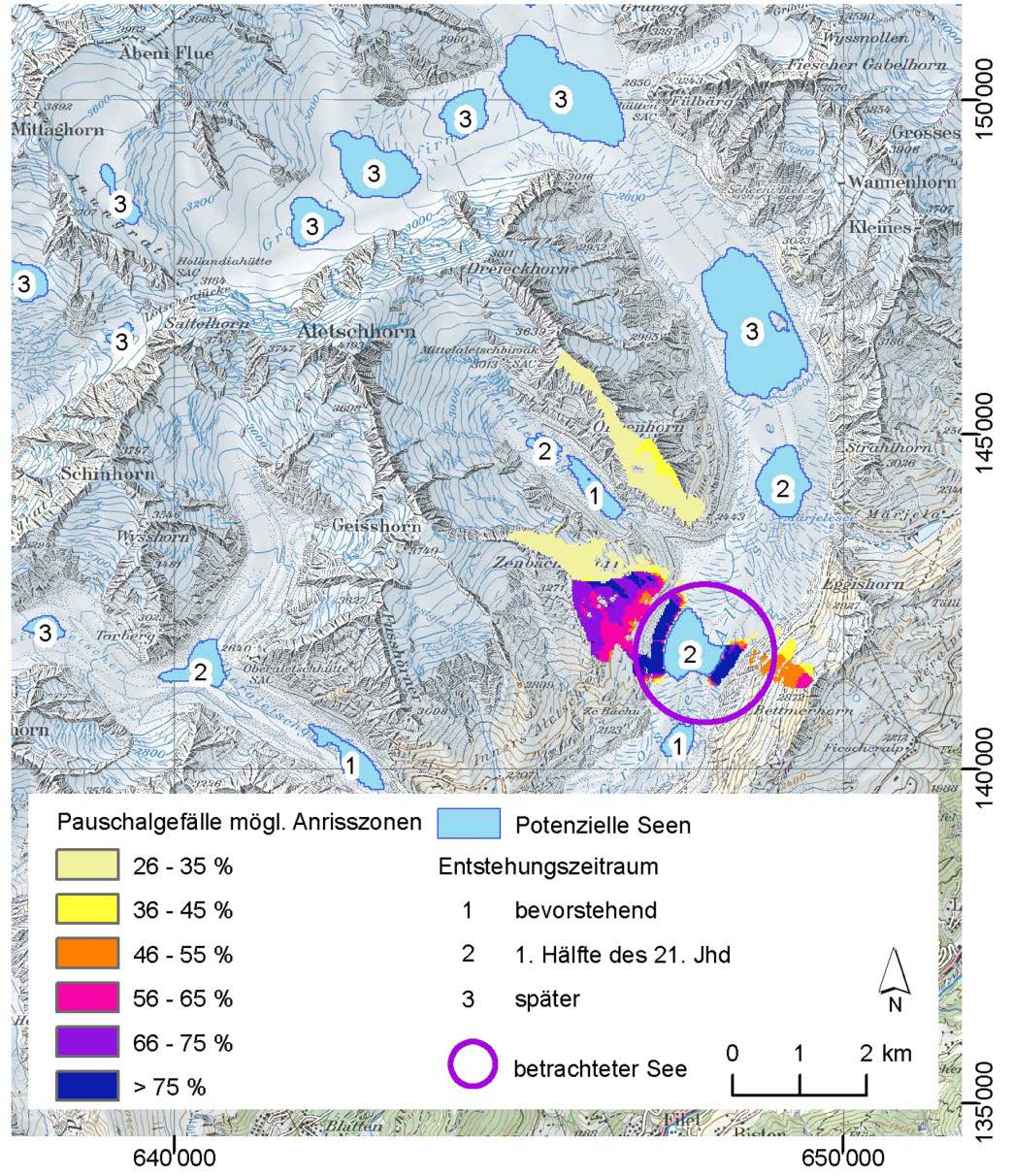 Fallbeispiele Fig. 26: Modellierte Übertiefungen des Gletscherbetts im Aletschgebiet (blau), wo sich potenziell Seen bilden können.