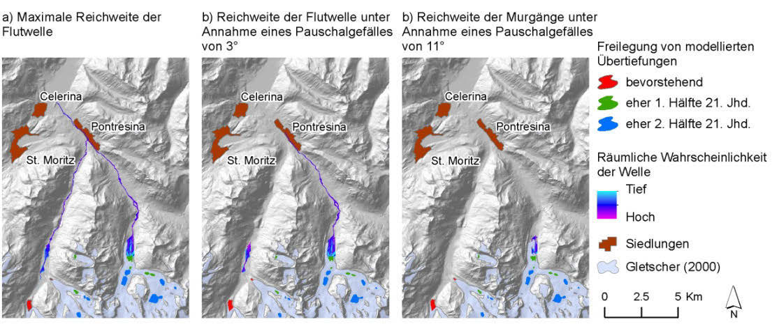 Neue Seen als Folge des Gletscherschwunds Fig. 68: Vergleich der verschiedenen Szenarien für Murgang (c) und Flutwelle (a, b).