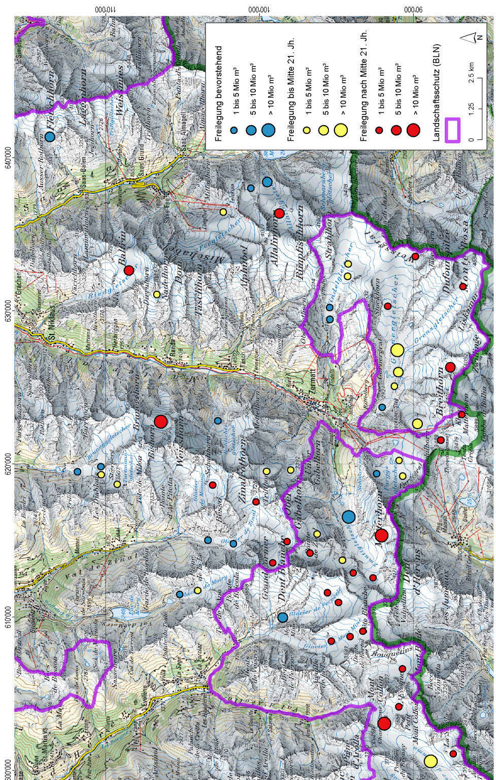 Anhang Fig. 114: Modellierte Übertiefungen (~ potenzielle Seen) in den heute eisbedeckten Gletscherbetten der Region Zermatt.