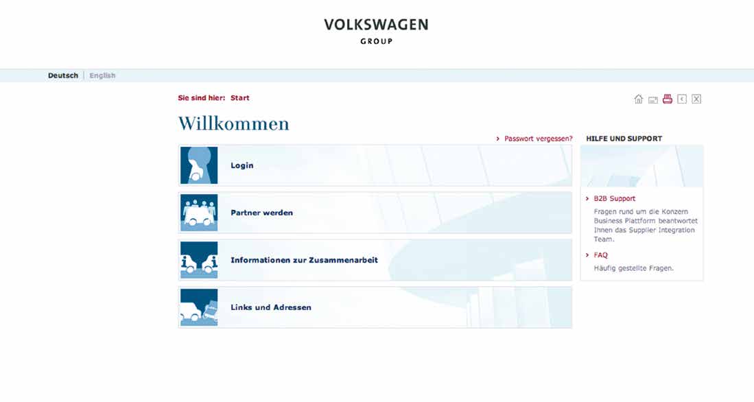 Bei der Angebotsabgabe über die Konzern Business Plattform müssen die Lieferanten die Anforderungen des Volkswagen Konzerns zur Nachhaltigkeit in den Beziehungen zu Geschäftspartnern zur Kenntnis