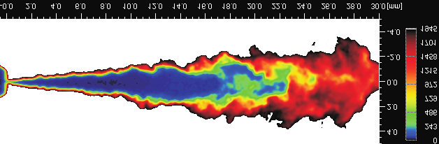 Die Penetration des Strahls (der 95% Kontur) setzt sich weiter fort, aber die mittlere Tropfendichte im vorderen Teil des Strahls ist nur noch gering (Gelb-Rot-Schwarze Bereiche).