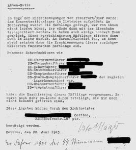KZ-Nebenlager Lieberose eingesetzt; 2.2. 1945 Otto Maaß wird in Jamlitz mit dem Cottbuser Richtmeister Willi Döveling Augenzeuge des Massenmords an etwa 1200 marschunfähigen jüdischen Häftlingen; 20.