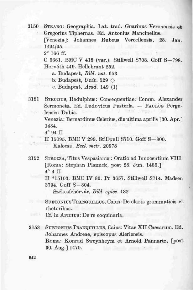 3150 STRABO: Geographia. Lat. trad. Guarinus Veronensis et Gregorius Tiphernas. Ed. Antonius Maneinellus. [Venezia]: Johannes Rubeus Vercellensis, 28. Jan. 1494/95. 2 166 ff. C 5661. BMC V 418 (var.).