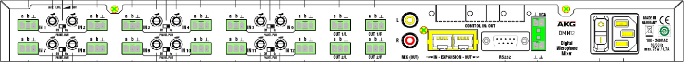 Description Rear panel Figure 2: Rear panel of the DMM 12 1: Input channels 1-12 2: Gain control 1-12 3: Phantom power for two input channels 4a, 4b: Output channel 1, stereo