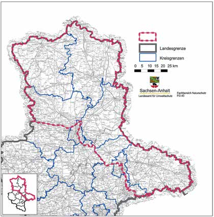 7.5 Die Gebietskulisse Wolf in Sachsen-Anhalt Das Landesamt für Umweltschutz veröffentlicht auf Grundlage der Ergebnisse des laufenden Monitorings das jeweilig aktuelle Ausbreitungsgebiet des Wolfes