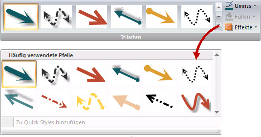 3. Wählen Sie einen Pfeil aus der Quick Styles-Galerie. Zeichnen eines Pfeils mit Bezier-Kurve 1. Wählen Sie die Registerkarte Zeichnen > Gruppe Zeichenwerkzeuge > Werkzeug Pfeil. 2.