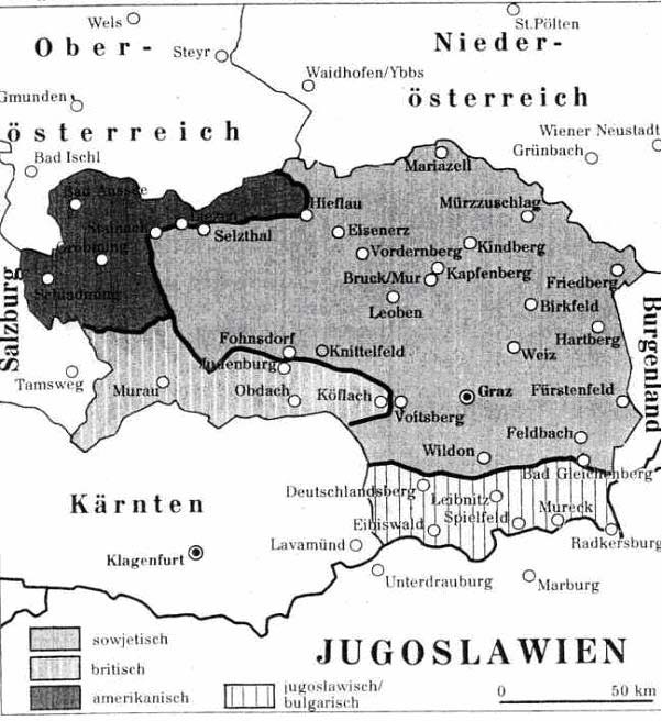 kontrolliert wurde. Der Gebietswechsel der Besatzungsmächte in der Steiermark im Sommer 1945 ist in Abb. 5 dargestellt.