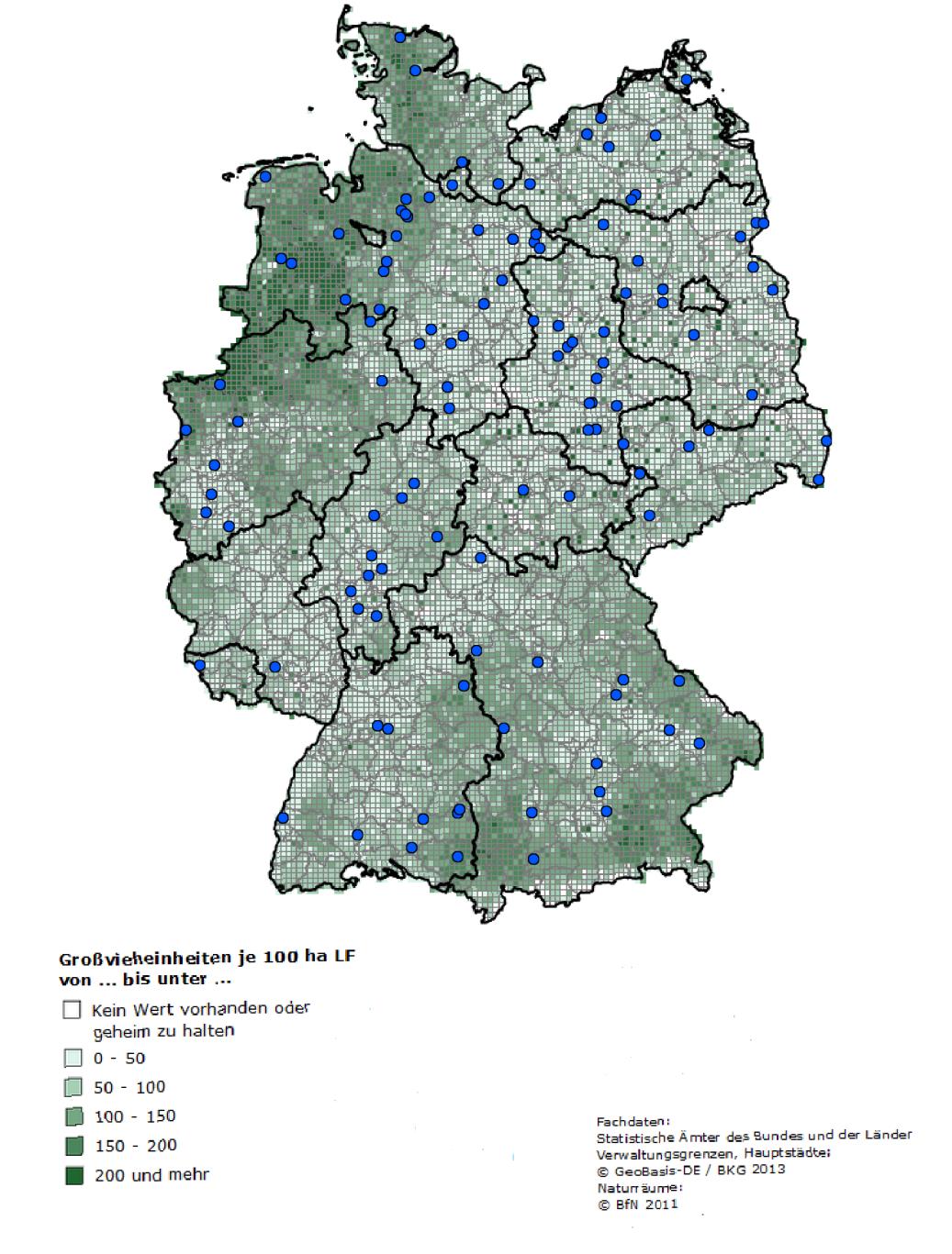 Abbildung 0-2: Großvieheinheiten je 100 ha landwirtschaftlich genutzter Fläche (Grüne Farbgebeung