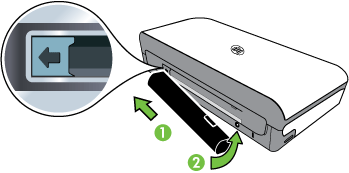 Kapitel 1 So setzen Sie den Akku ein: Hinweis Sie können den Akku bei ein- oder ausgeschaltetem Drucker installieren. 1. Schieben Sie den Akku schräg in das Akkufach, bis die Akkukontakte an den Kontakten im Akkufach anliegen.