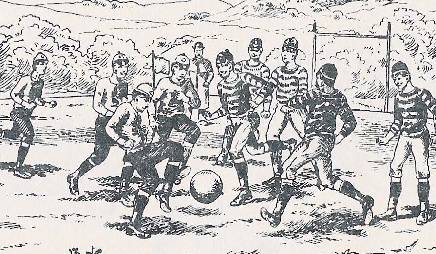 1875 Fußballregeln Der Ball darf vorwärts auf das gegnerische Mal nur mit den Füßen gestoßen werden. Rückwärts, in Richtung auf das eigene Mal, ist es erlaubt einem Mitspieler den Ball zuzuwerfen.