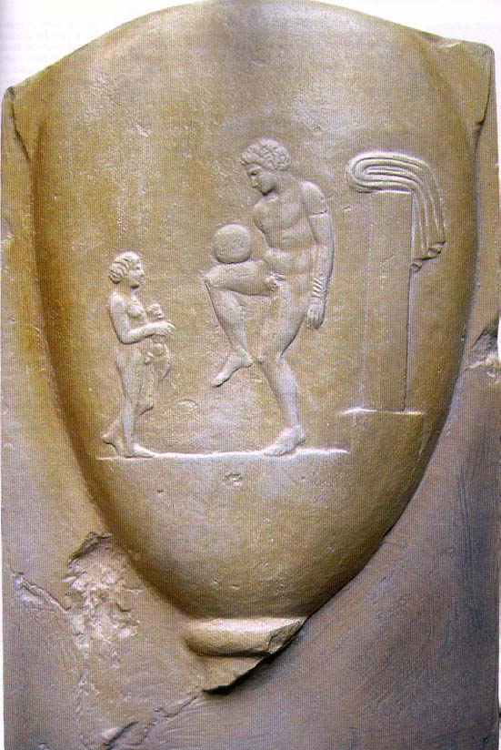 600 v. Chr. Ballspiele im antiken Griechenland Balljonglage mit dem Oberschenkel.