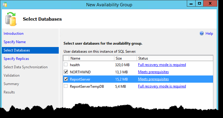 Eine Availability Group kann mehrere Datenbanken zu einer Failover-Gruppe zusammenfassen. Wählen Sie im folgen Fenster die Datenbanken aus, die der Gruppe hinzugefügt werden sollen.