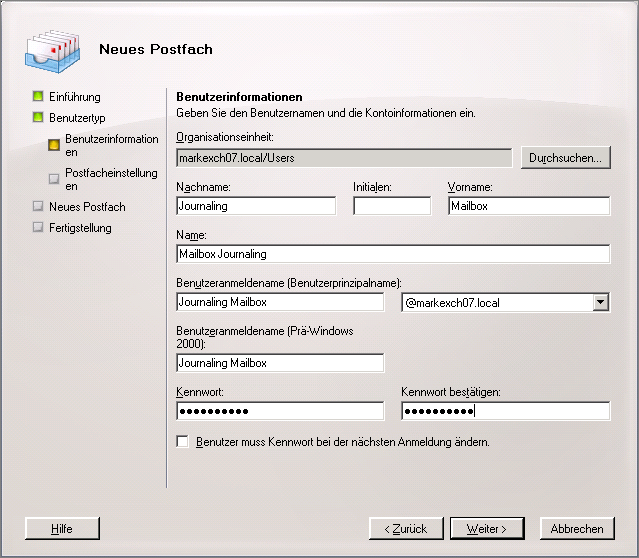 Screenshot 41: Postfachdetails des neuen Benutzers 6. Geben Sie die Benutzerdetails für den neuen Benutzer ein, dem das neue Journal-Postfach zugewiesen werden soll.