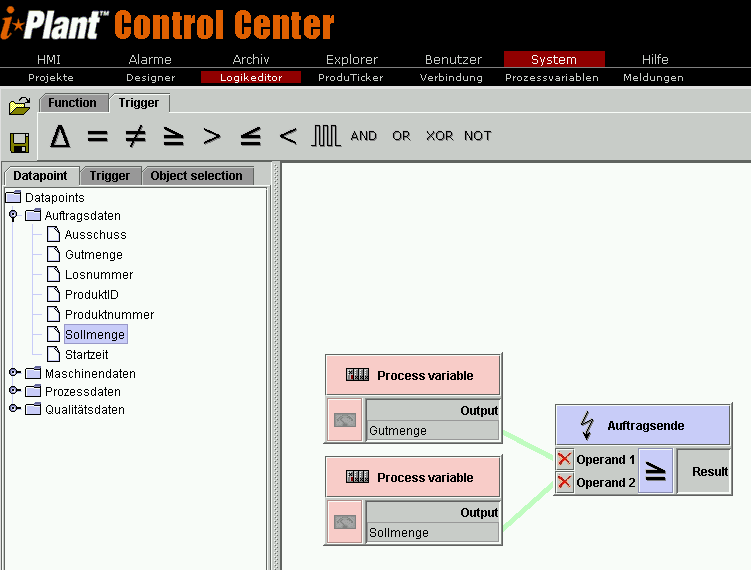 Prozessvariablen links unter "Datapoints" selektiert und mit der Maus auf die Eingänge "Operand 1" bzw. "Operand 2" gezogen.