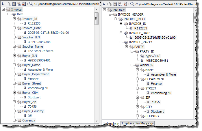 Systeme integrieren und Prozesse automatisieren Technical Workflow erstellen 3: CSV-XML konvertieren nach opentrans 119 - Quelldatei (links): In der CSV-XML-Datei entspricht eine Rechnungsposition