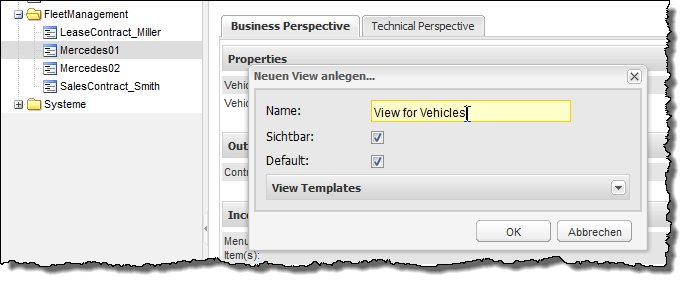 Datenzentrische Business Solution erstellen View für alle Business Objekte der Klasse Vehicle erstellen 83 2. Klicken Sie in der Toolbar auf Ansicht. Ein Menü öffnet sich. 3.
