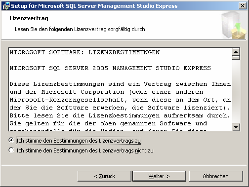II. Installation des SQL-Server Management Studio Express Die Installation ist nur bei der Express-Edition nötig. SQL-Server 2005 verfügt bereits von Haus aus über eine Management Console.