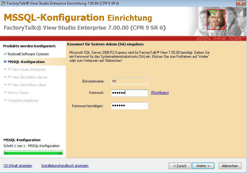 INSTALLATIONSHANDBUCH FR FACTORYTALK VIEW SQL Server-Anmeldung oder -Installation Während der Installation stellt der Setup-Assistent fest, ob der Computer über eine kompatible SQL Server-Version