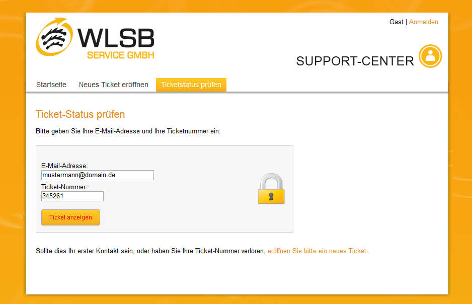 Einsehen Ihres Tickets im Support-Center der WLSB-Service GmbH Nachdem Sie ein Ticket erstellt haben, können Sie nun mit der angegebenen E-Mail-Adresse und Ihrer Ticketnummer den Status überprüfen