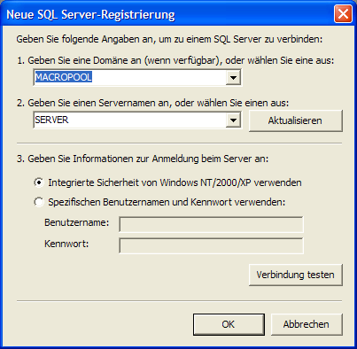 Einbinden eines SQL Servers Das Dialogfeld Neue SQL Server-Registrierung erscheint: 2.