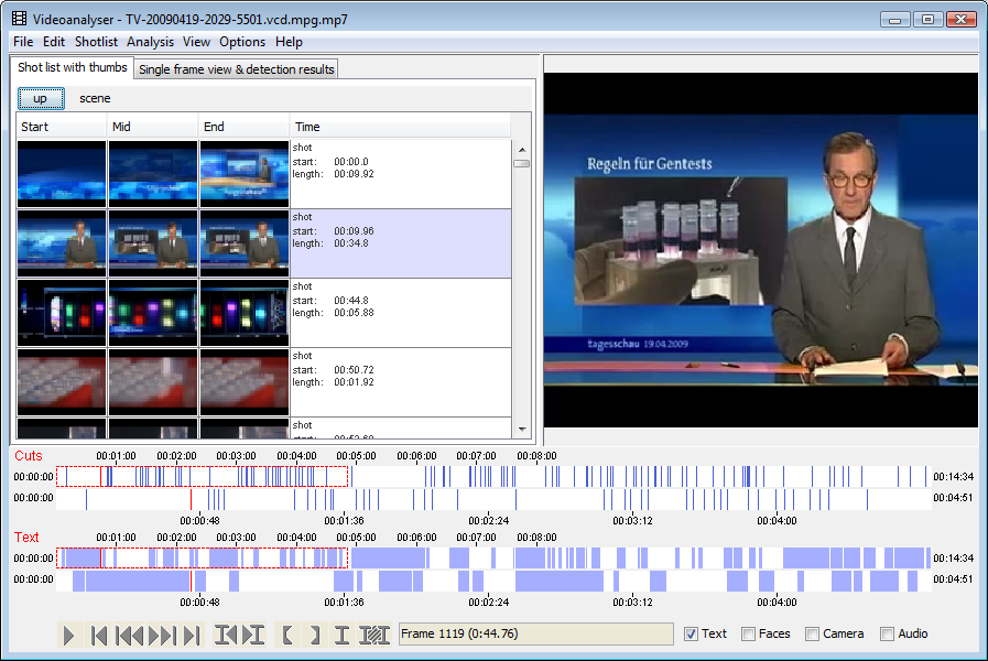 81 Abbildung 1: Screenshot des Videana-Hauptfensters Weiterhin wurden Algorithmen zur Schnittdetektion [4], Textdetektion und -segmentierung (notwendig für eine anschließende Zeichenerkennung mit