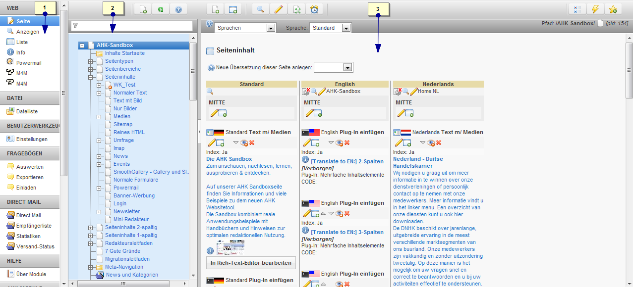 2.2 Die Oberfläche Nach dem erfolgreichen Login zeigt sich Redakteuren im Hauptbereich ein schematischer Überblick über TYPO3 und seinen Funktionen per Symbolen und Erklärungen.