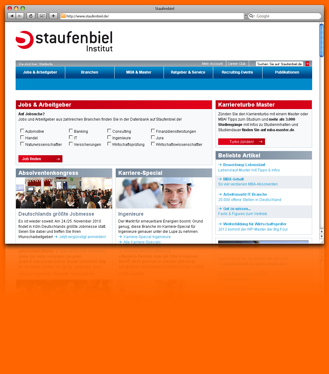 Staufenbiel GmbH Entwicklung eines Authentifizierungs-Service als TYPO3 Service zur Benutzeranmeldung an eine externe Datenbank (Postgres) Das Karriereportal der Staufenbiel GmbH bietet dem Nutzer