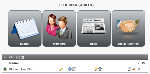 Wenn Sie ihn ausgewählt haben, wird die Hauptzone eine Übersichts-Tabelle Ihres Clubs zeigen und darnach die verschiedenen Datensätze, die im LionsBase Ordner gespeichert sind: Die großen Symbole