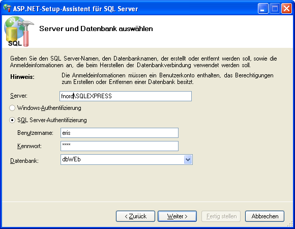 Kapitel 7: Ein Sicheres Login mit ASP.NET und SQL Abbildung 35: Verbindung zur Datenbank Fnord entsprichte dabei dem Servernamen. Man kann natürlich auch die IP-Adresse angeben.