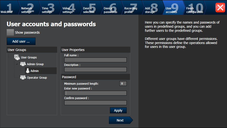 54 de Erste Schritte Bosch Video Management System Seite User accounts and passwords Sie können Benutzer