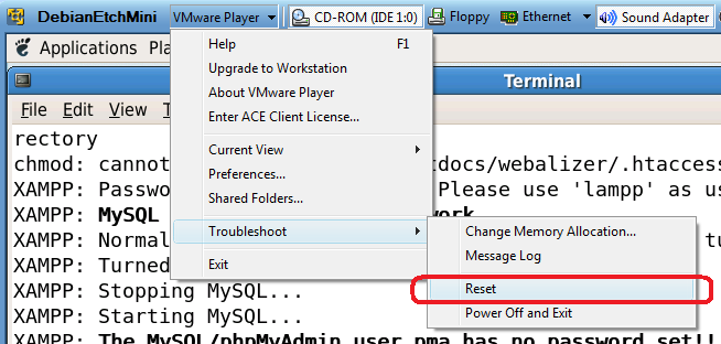 Dann liegt der Neustart an: Unter dem Drop-Down-Menu VMware Player wählt man dazu unter Troubleshoot Reset. Mit dem Befehl dhclient im Terminal sollte der Internetzugang aktiviert werden.
