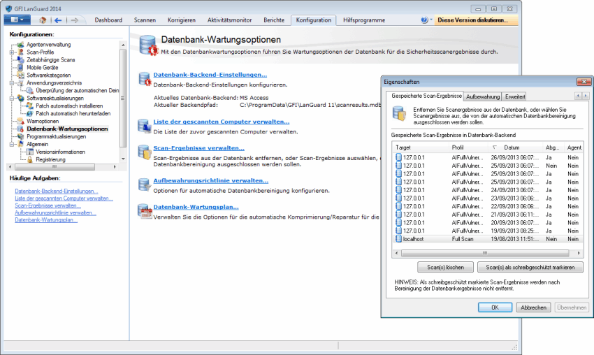 Screenshot 156: Manuelles Löschen alter Scans So löschen Sie Scans automatisch: 1. Klicken Sie auf der Registerkarte Konfiguration auf Datenbankwartungsoption. 2.